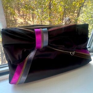 Henri Bendel New York Black Satin Bow Zip Clutch Purse Bag